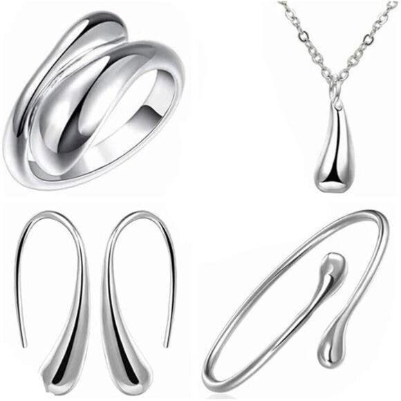 Syhonic 925 Silver Jewelry Set for Women, Teardrop Necklace + Earring + Ring + - Picture 6 of 6